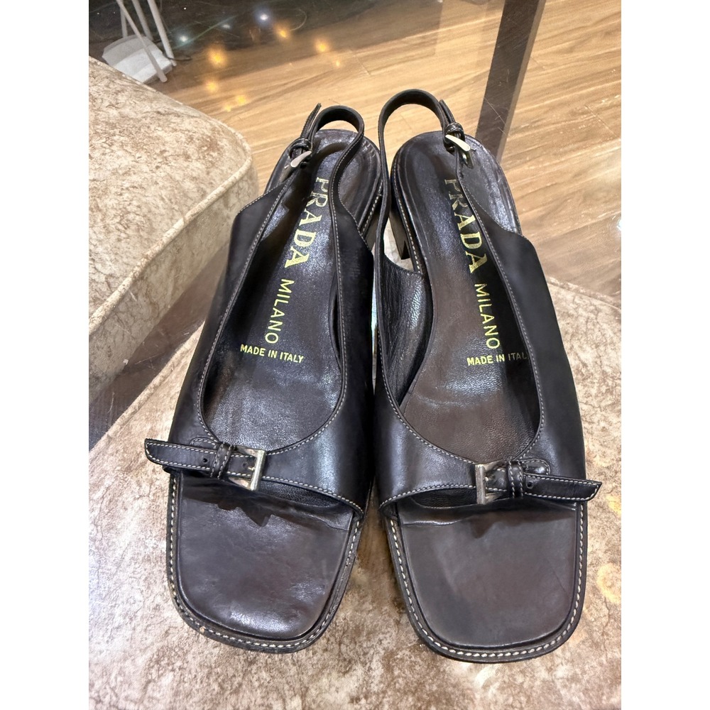 Prada Black Leather Slingback Heels Bow Pointed Toe Contrast Stitch 37 Italy